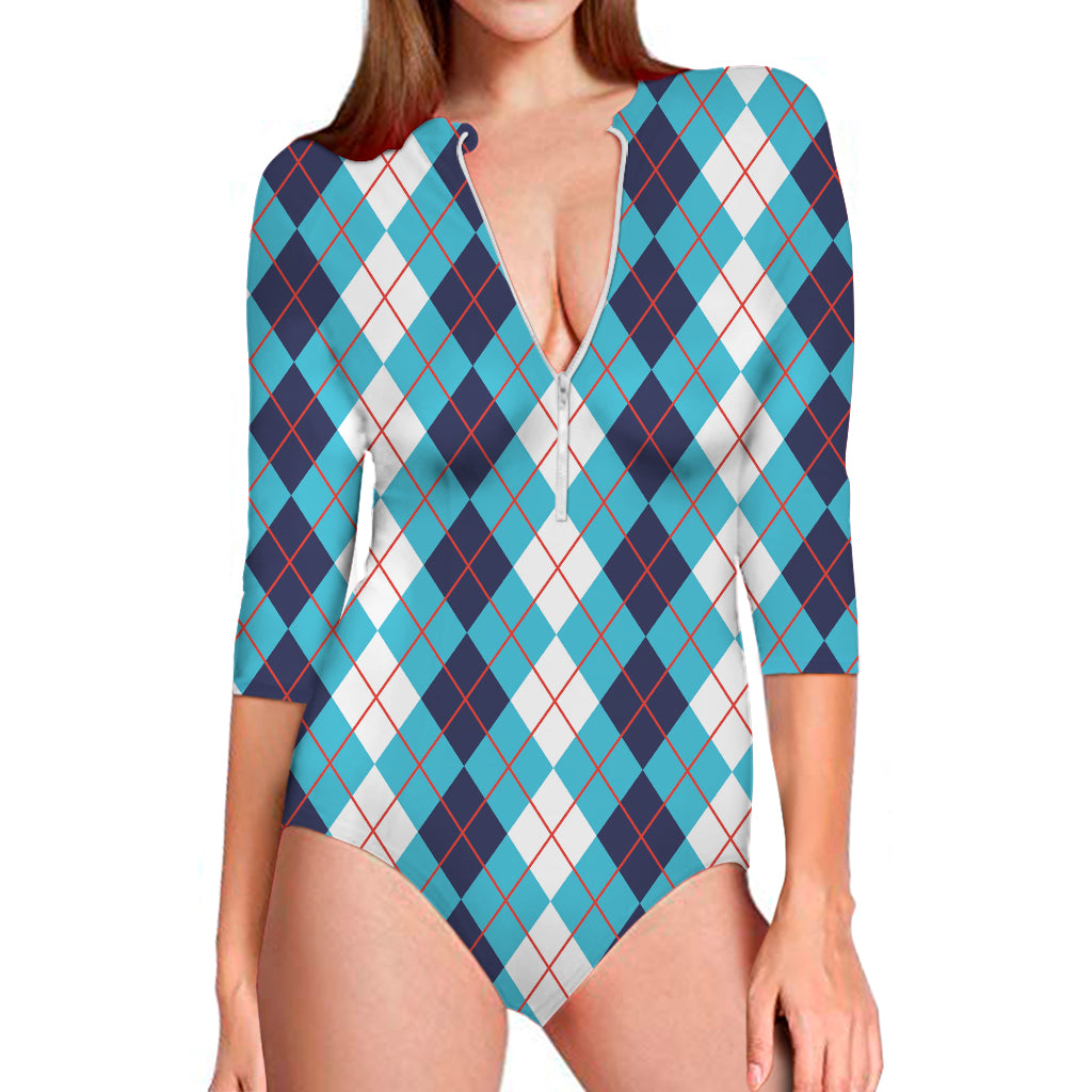 White And Blue Argyle Pattern Print Long Sleeve One Piece Swimsuit