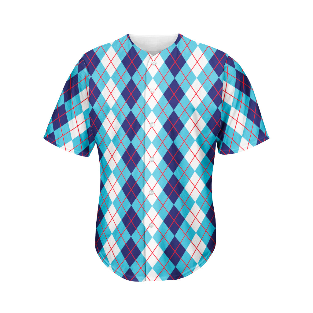 White And Blue Argyle Pattern Print Men's Baseball Jersey