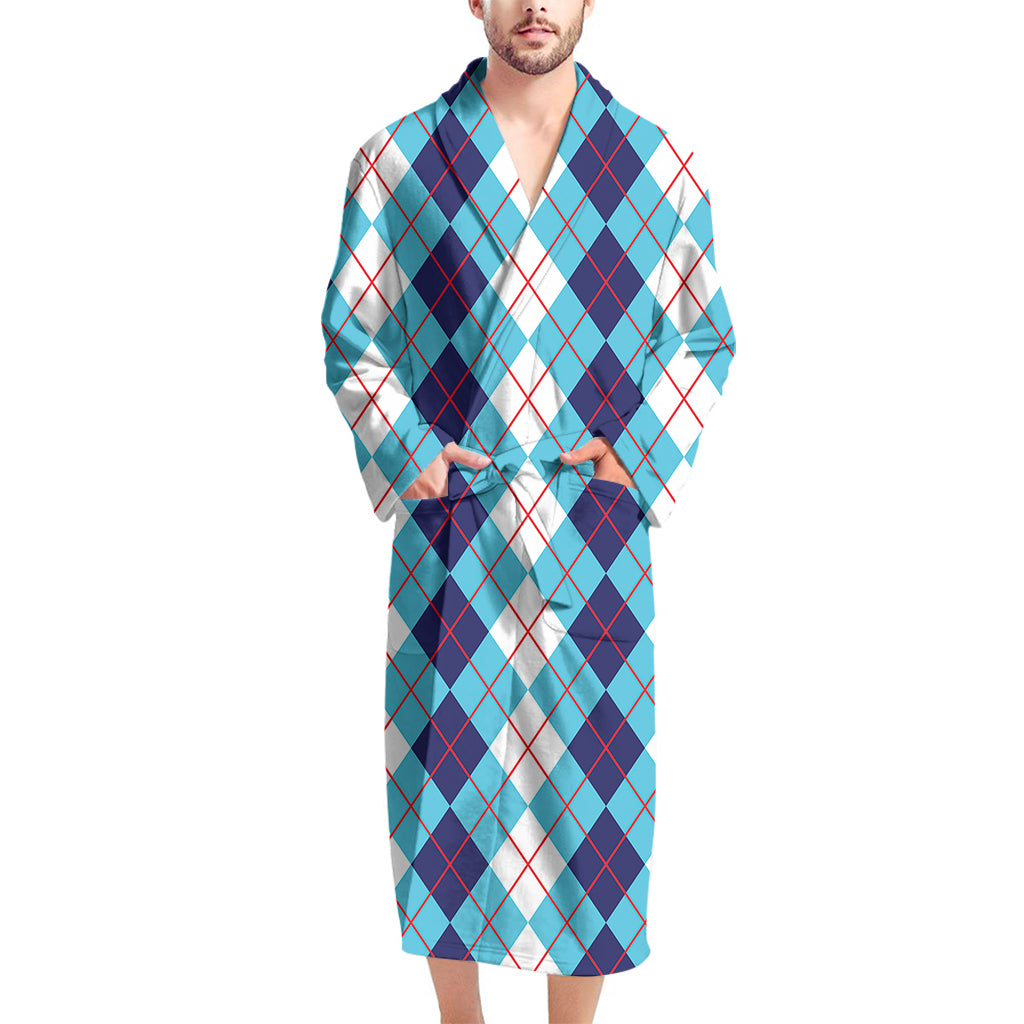 White And Blue Argyle Pattern Print Men's Bathrobe