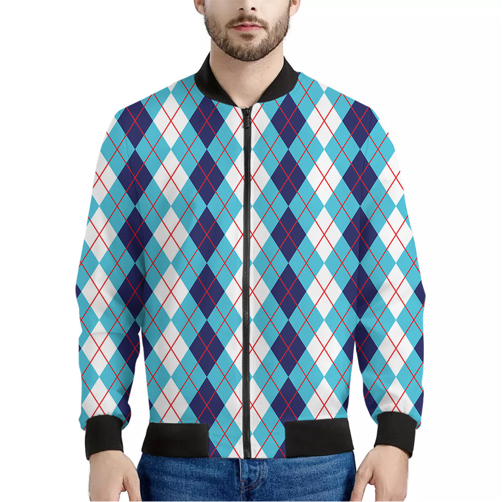 White And Blue Argyle Pattern Print Men's Bomber Jacket