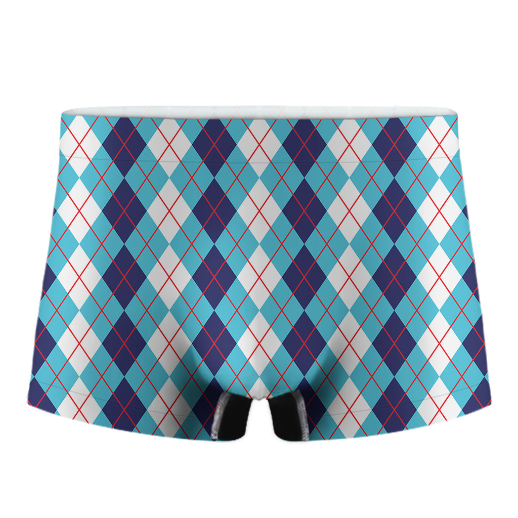 White And Blue Argyle Pattern Print Men's Boxer Briefs