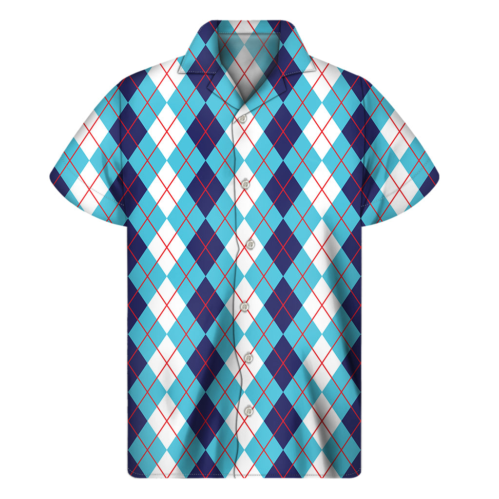 White And Blue Argyle Pattern Print Men's Short Sleeve Shirt