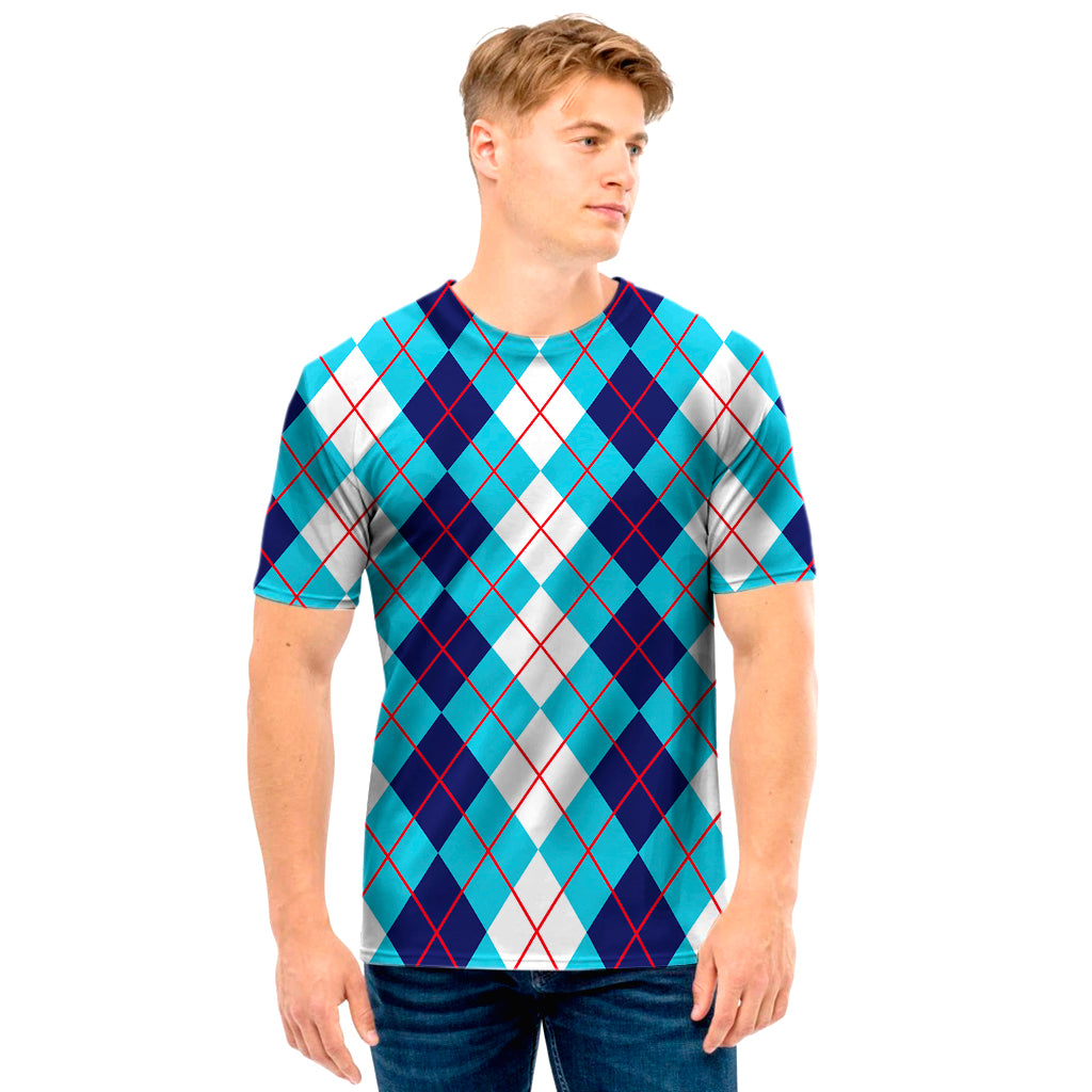 White And Blue Argyle Pattern Print Men's T-Shirt