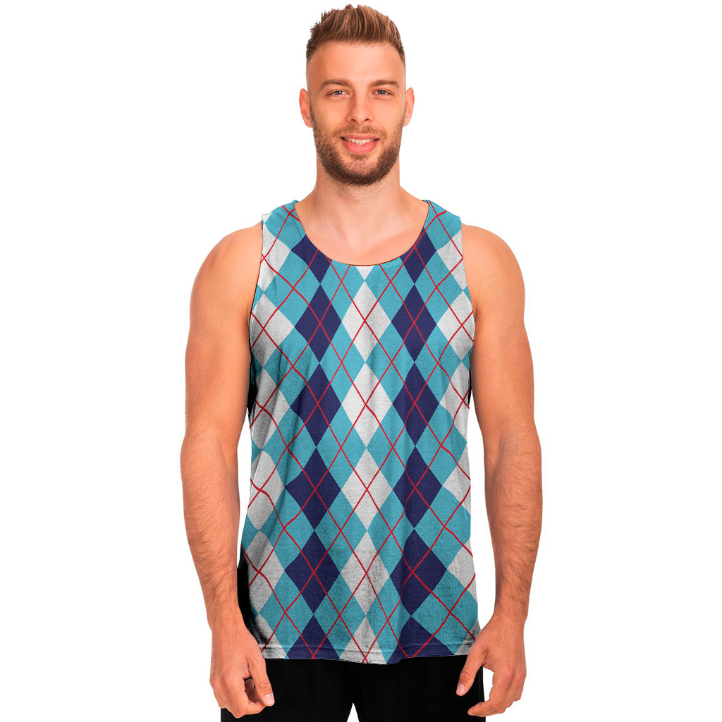 White And Blue Argyle Pattern Print Men's Tank Top