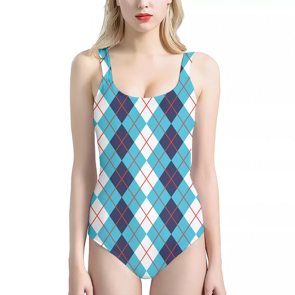 White And Blue Argyle Pattern Print One Piece Halter Neck Swimsuit