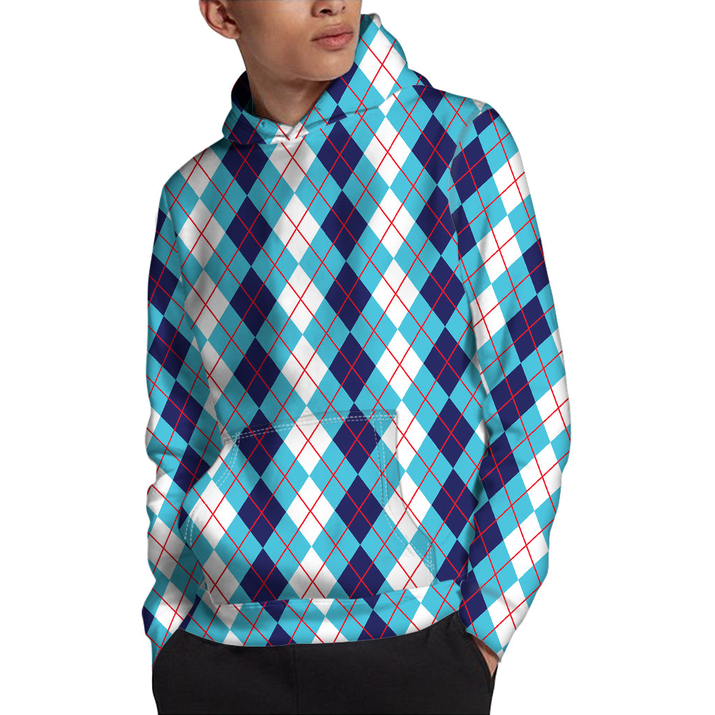 White And Blue Argyle Pattern Print Pullover Hoodie