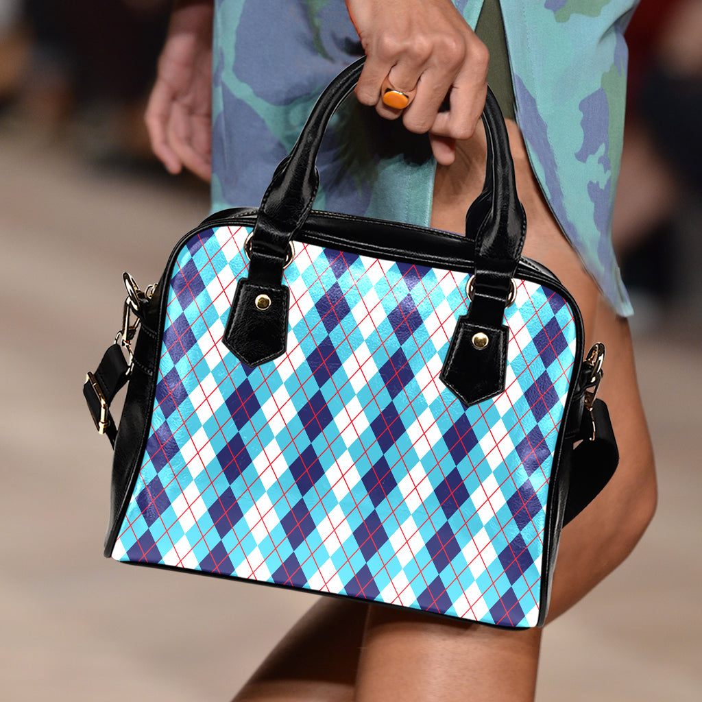 White And Blue Argyle Pattern Print Shoulder Handbag
