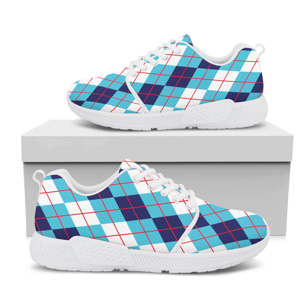 White And Blue Argyle Pattern Print White Athletic Shoes