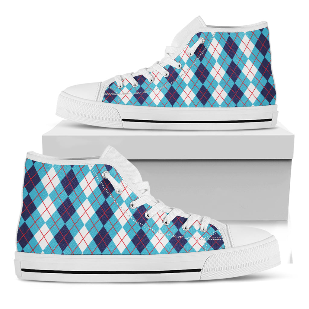 White And Blue Argyle Pattern Print White High Top Shoes