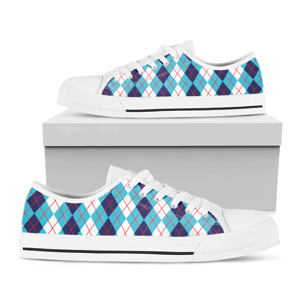 White And Blue Argyle Pattern Print White Low Top Shoes