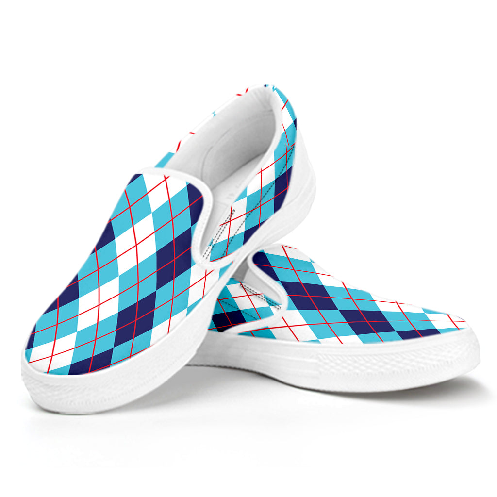 White And Blue Argyle Pattern Print White Slip On Shoes