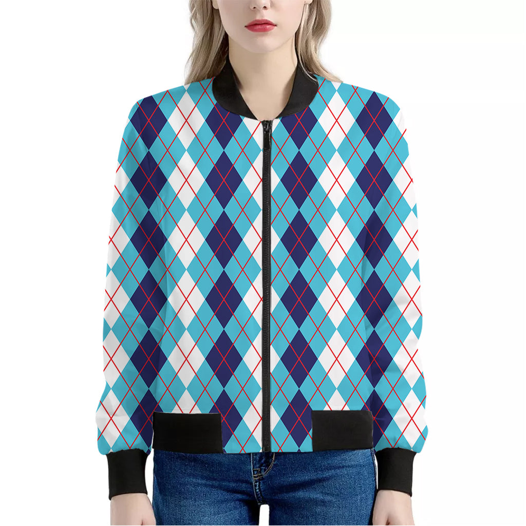 White And Blue Argyle Pattern Print Women's Bomber Jacket