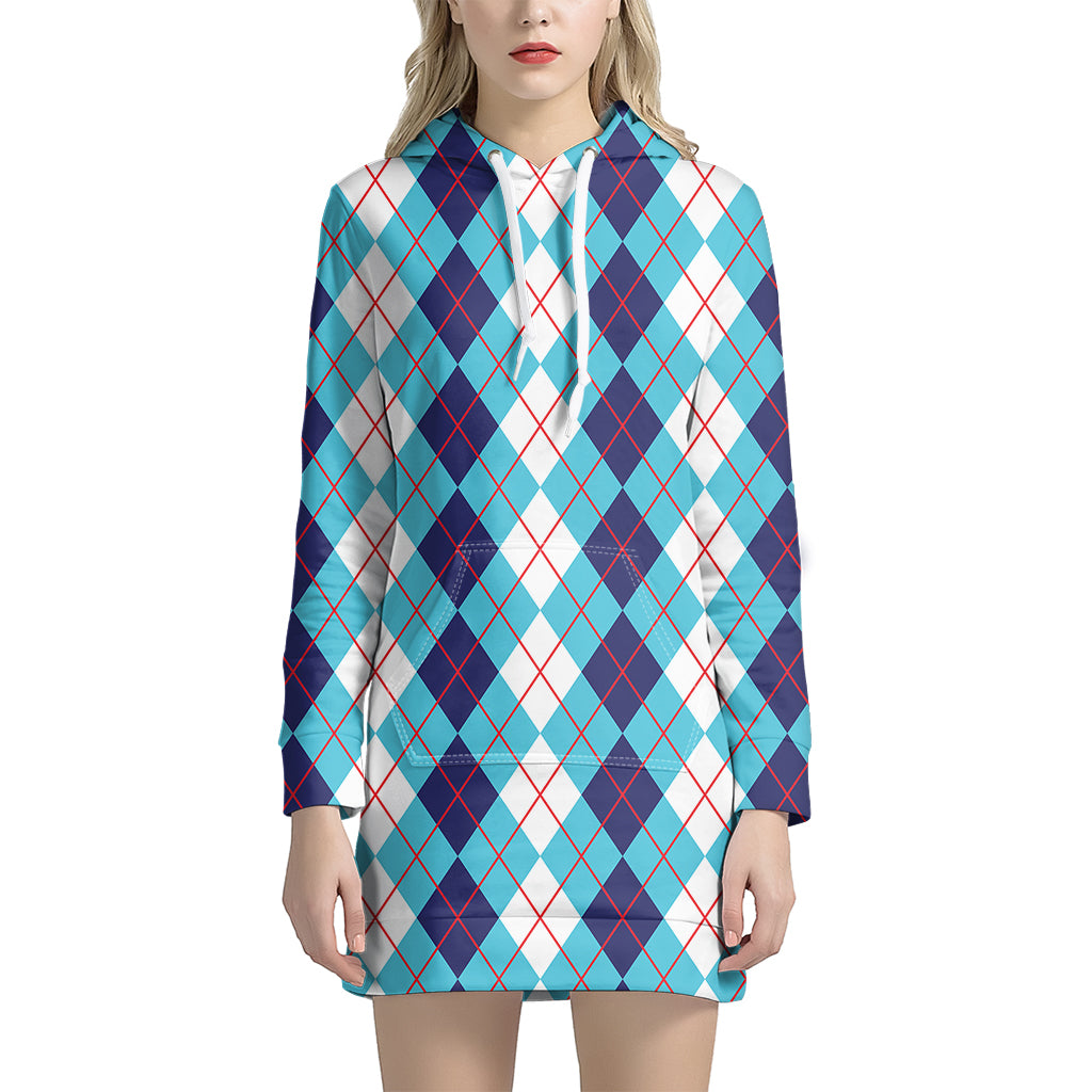 White And Blue Argyle Pattern Print Women's Pullover Hoodie Dress