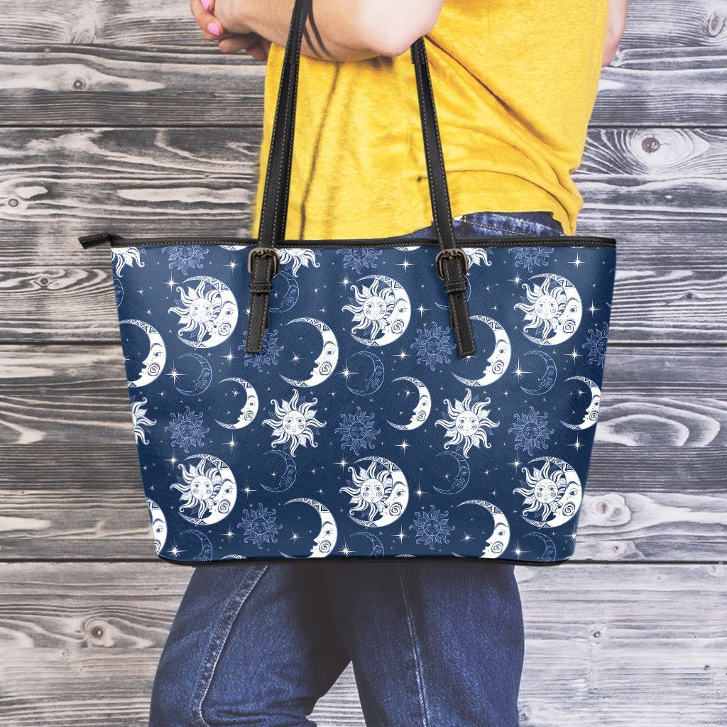 White And Blue Celestial Pattern Print Leather Tote Bag