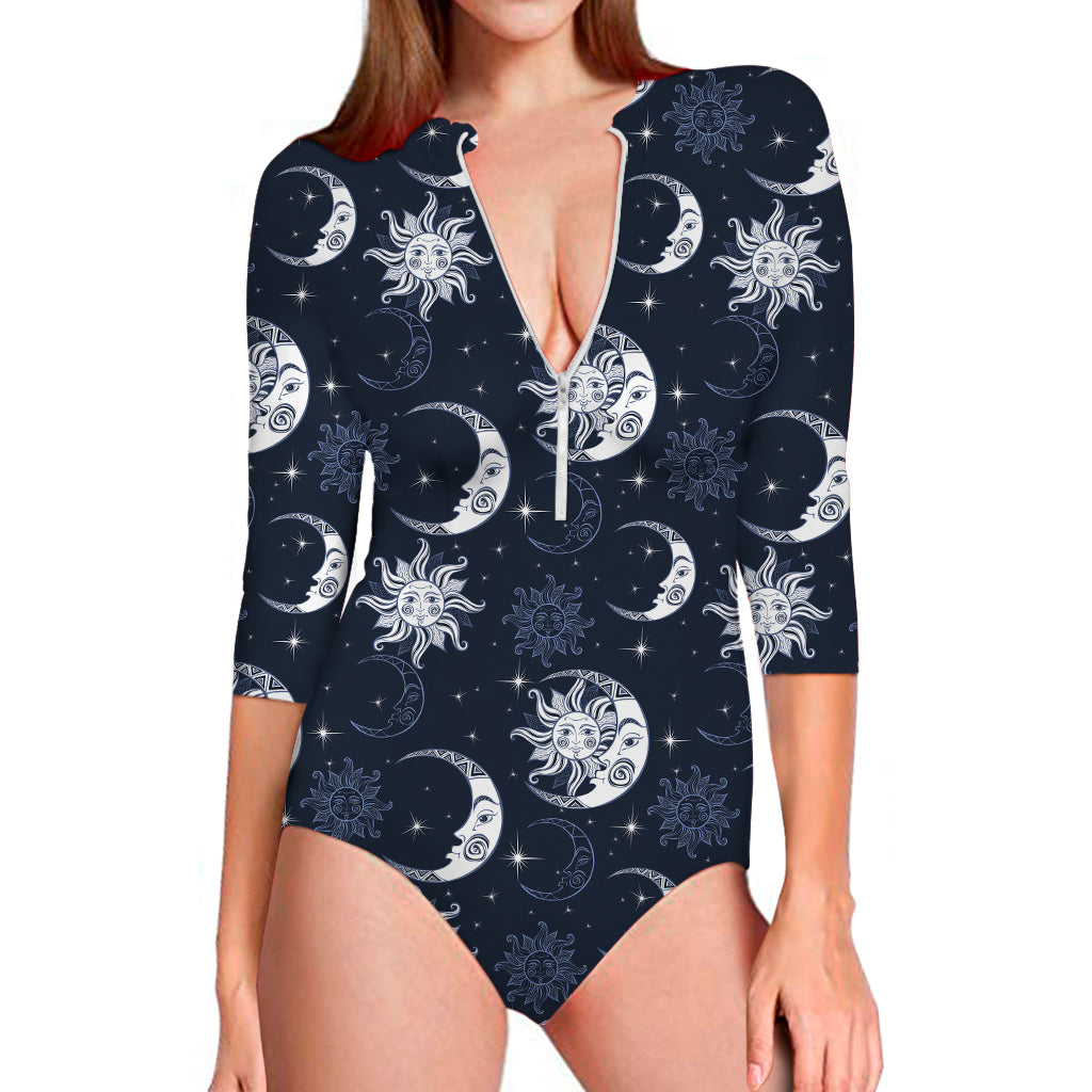 White And Blue Celestial Pattern Print Long Sleeve One Piece Swimsuit