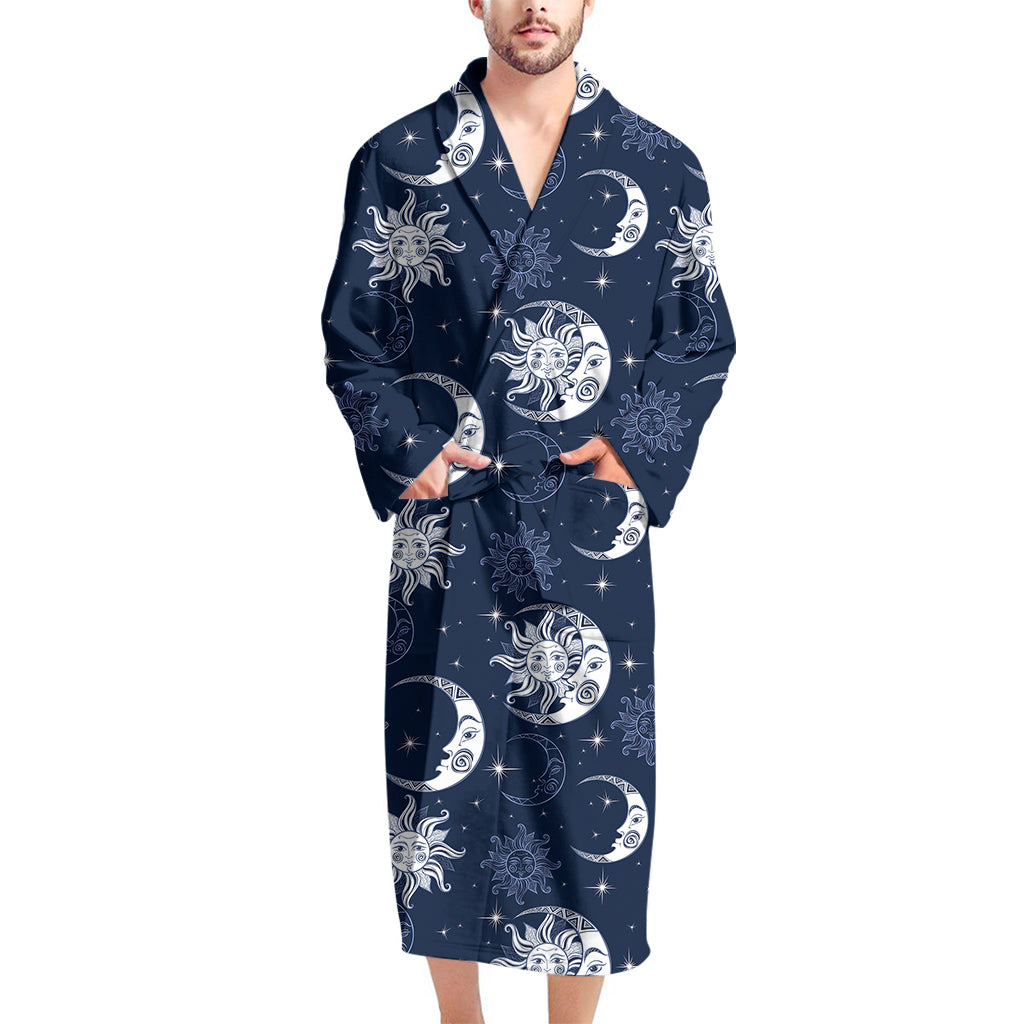 White And Blue Celestial Pattern Print Men's Bathrobe