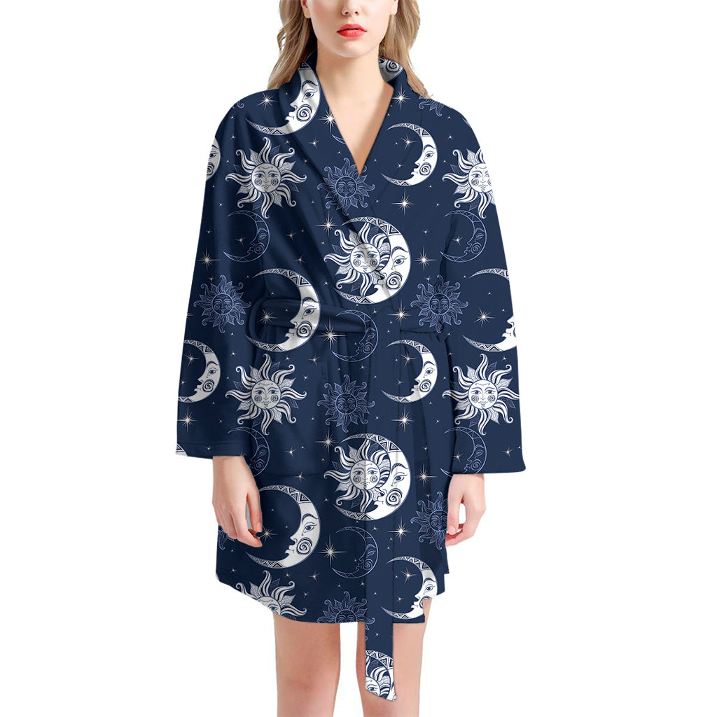 White And Blue Celestial Pattern Print Women's Bathrobe