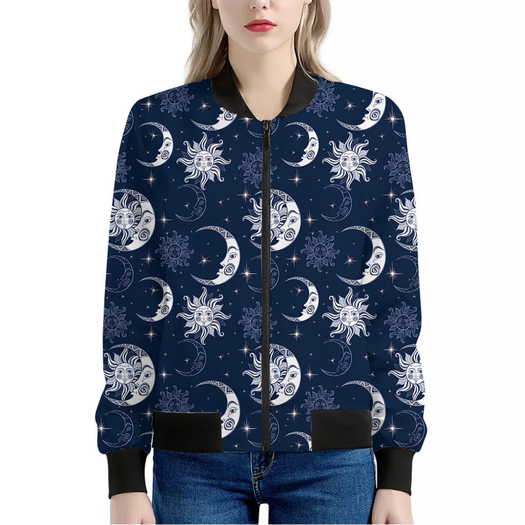 White And Blue Celestial Pattern Print Women's Bomber Jacket