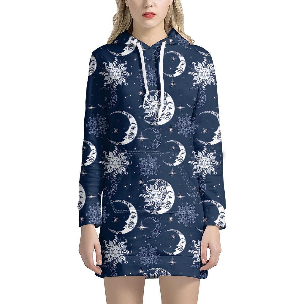 White And Blue Celestial Pattern Print Women's Pullover Hoodie Dress