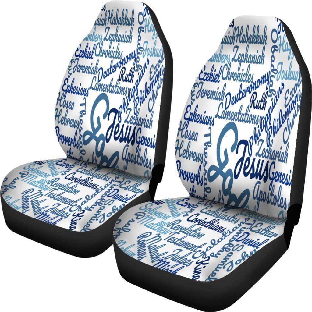 White And Blue Christian Text Universal Fit Car Seat Covers