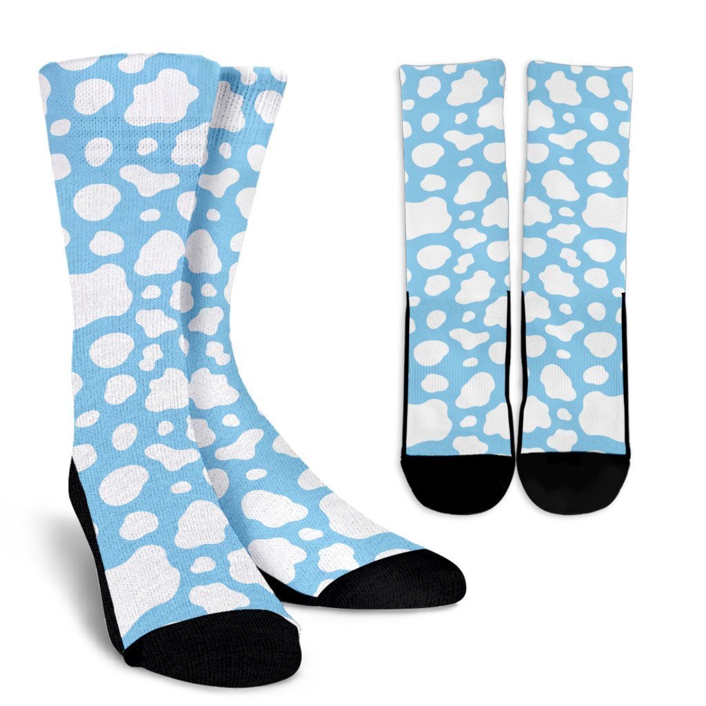 White And Blue Cow Print Crew Socks