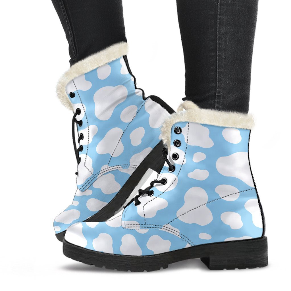 White And Blue Cow Print Faux Fur Leather Boots