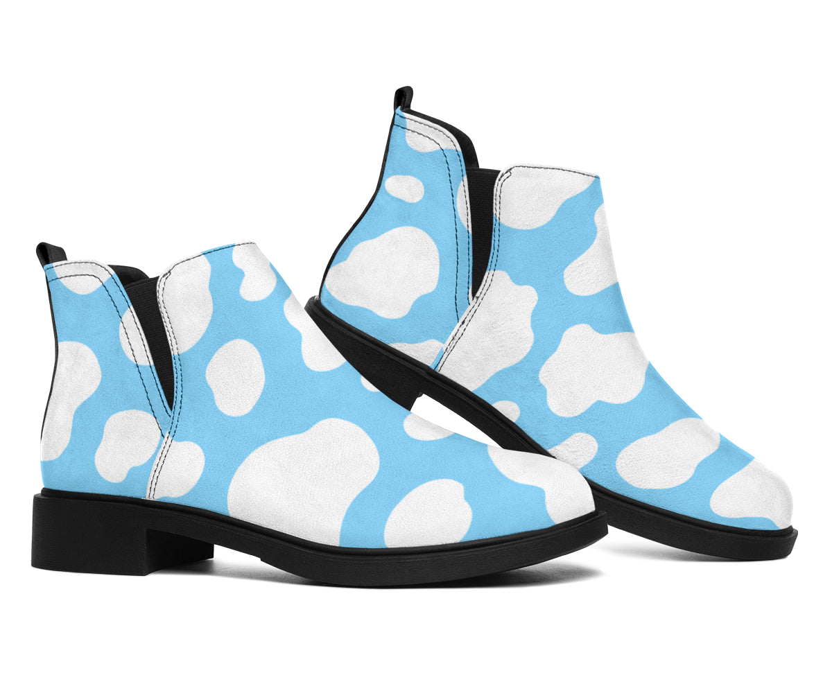 White And Blue Cow Print Flat Ankle Boots