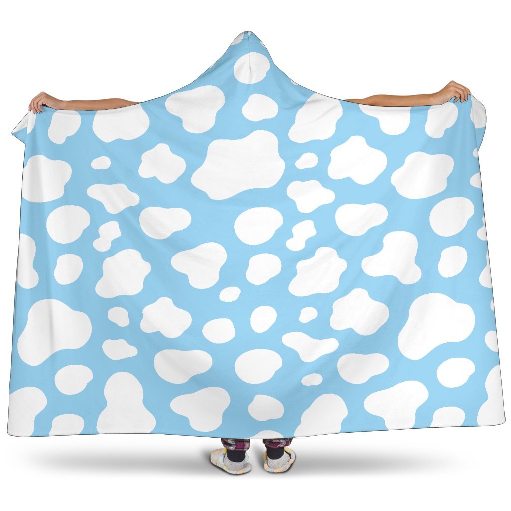 White And Blue Cow Print Hooded Blanket