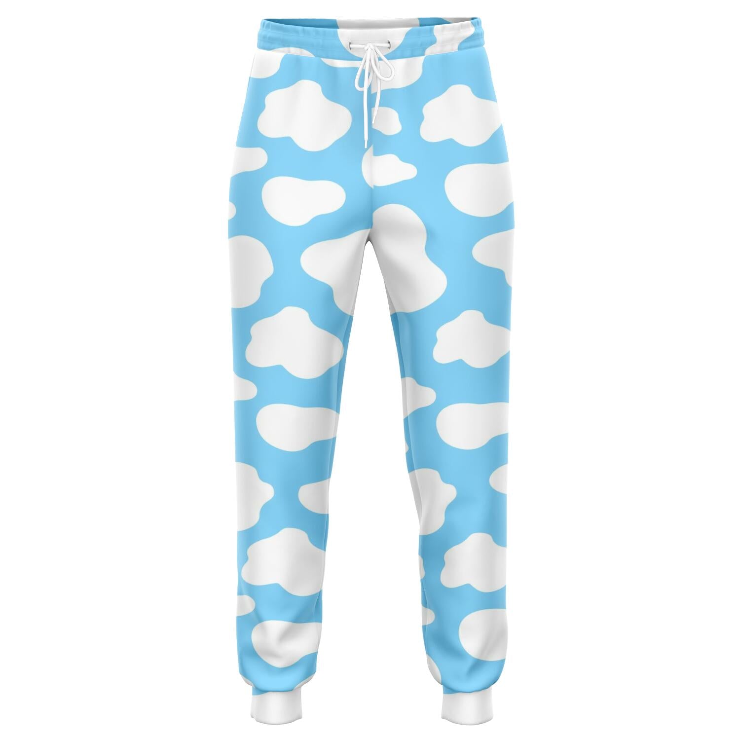 White And Blue Cow Print Jogger Pants