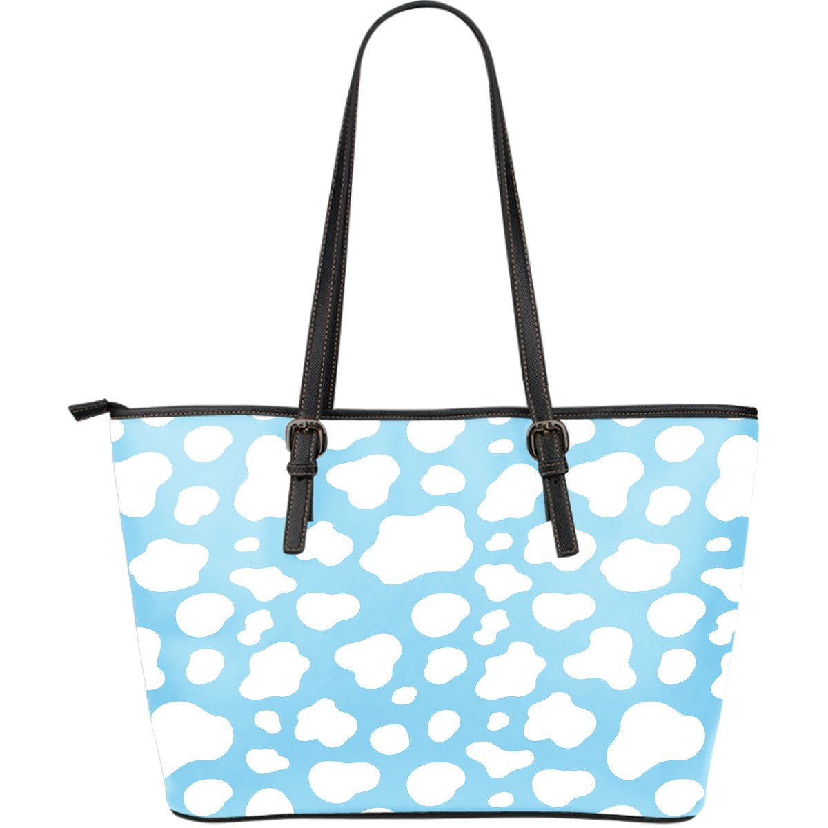 White And Blue Cow Print Leather Tote Bag