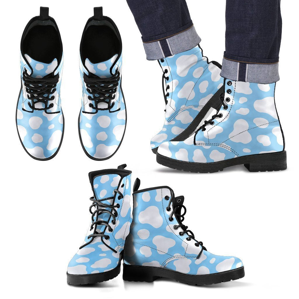 White And Blue Cow Print Men's Boots