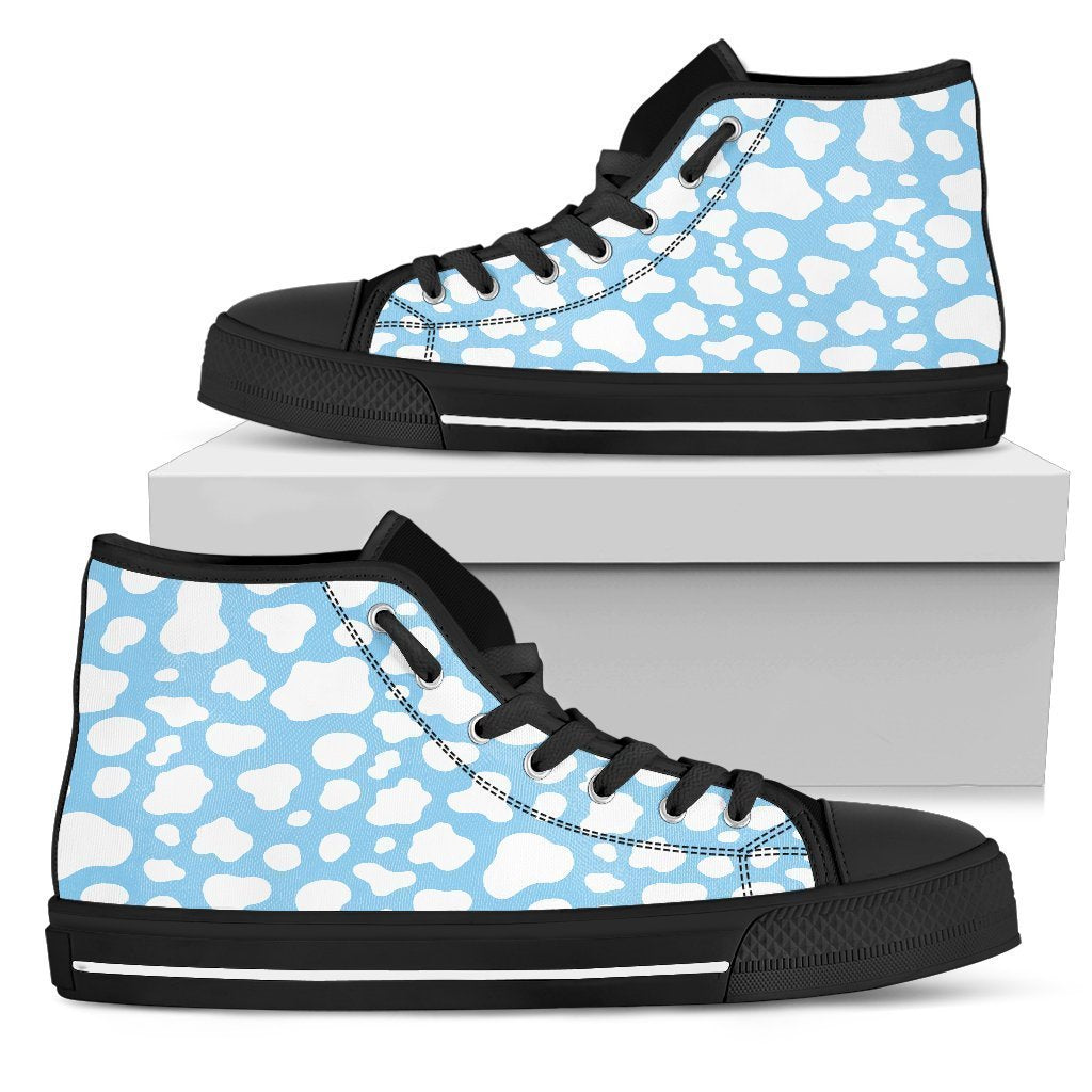 White And Blue Cow Print Men's High Top Shoes