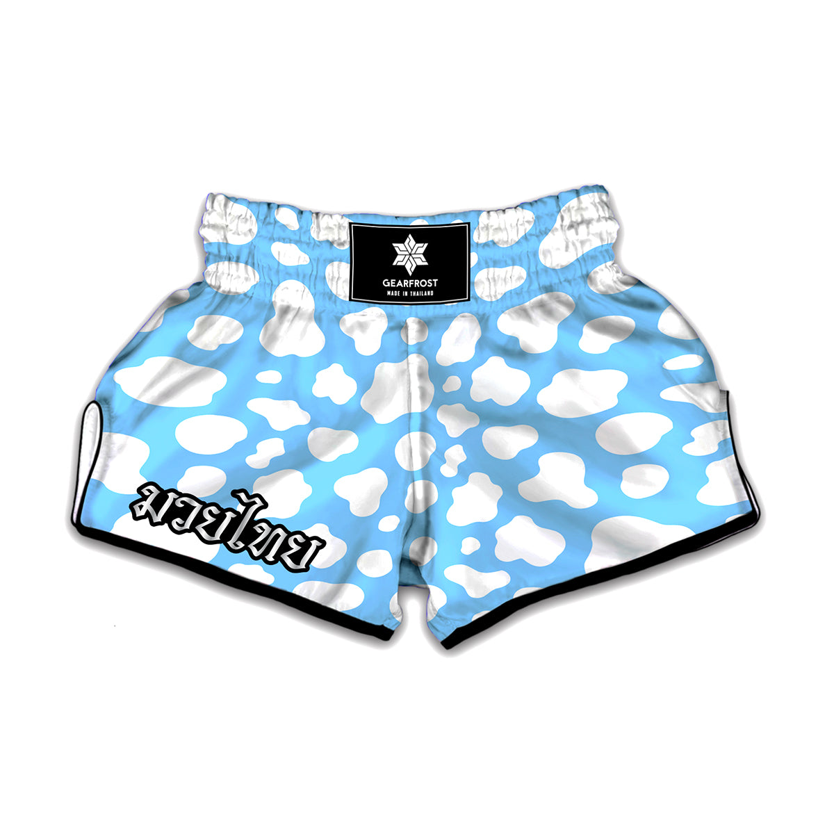 White And Blue Cow Print Muay Thai Boxing Shorts