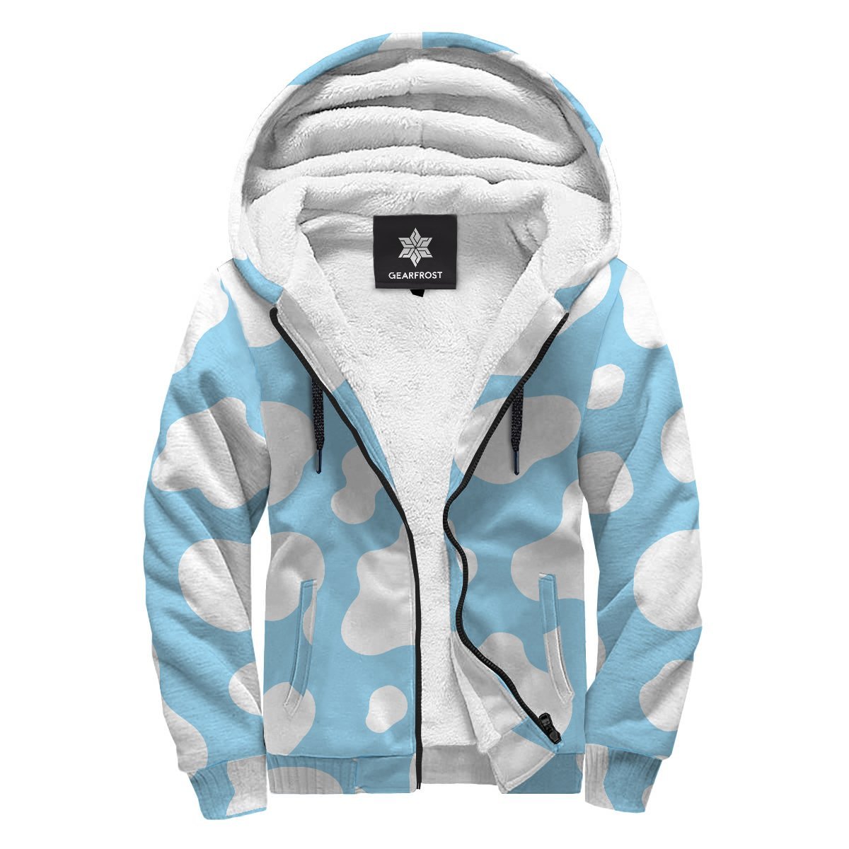 White And Blue Cow Print Sherpa Lined Fleece Hoodie