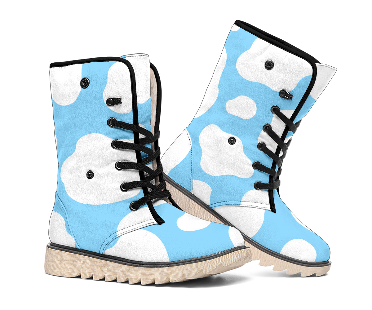 White And Blue Cow Print Winter Boots