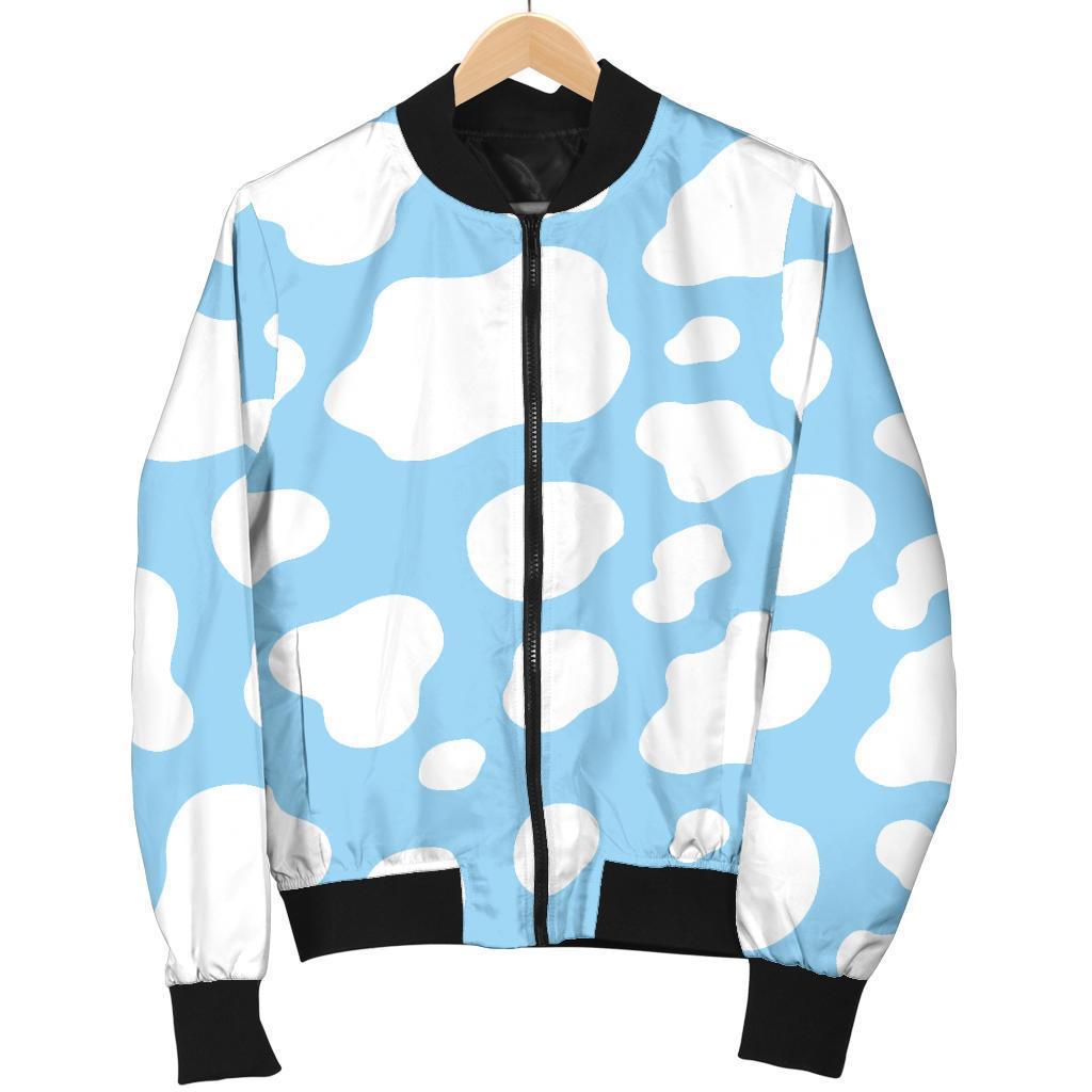 White And Blue Cow Print Women's Bomber Jacket