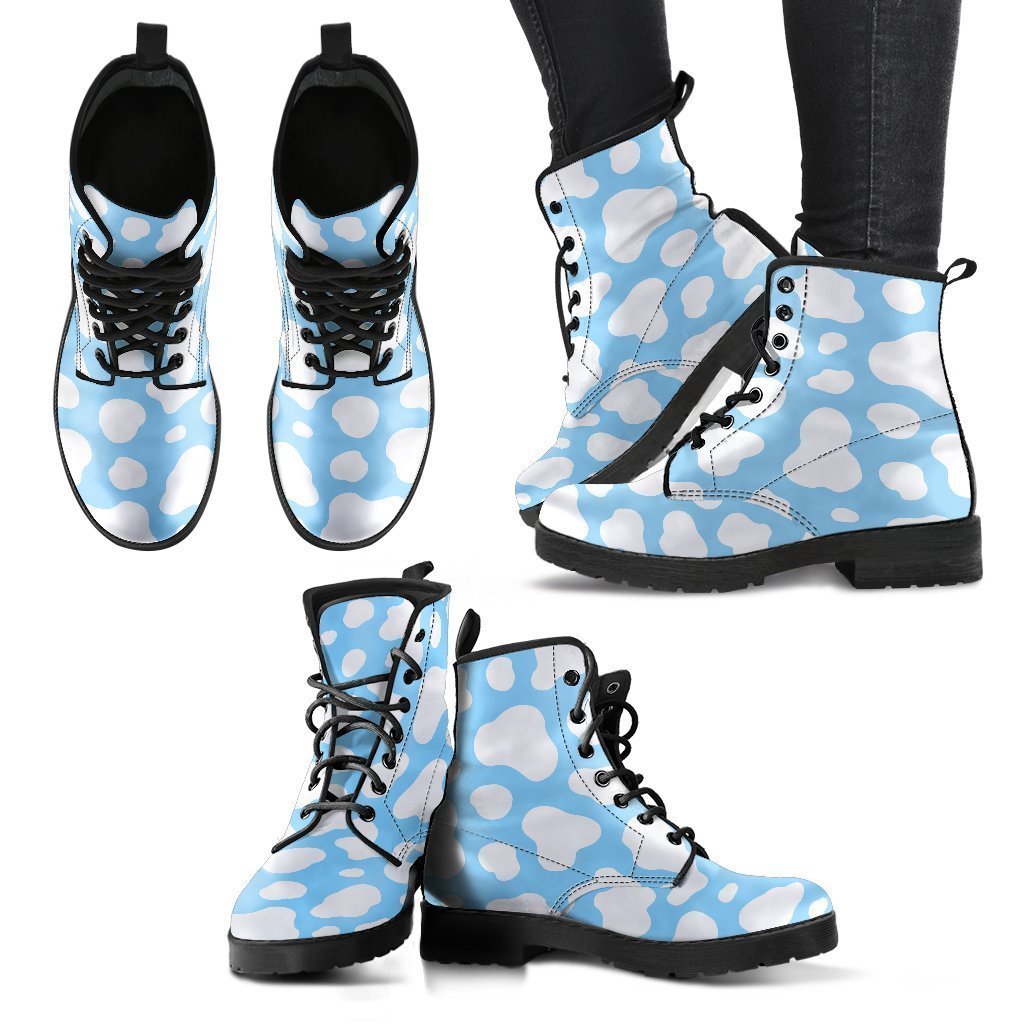 White And Blue Cow Print Women's Boots