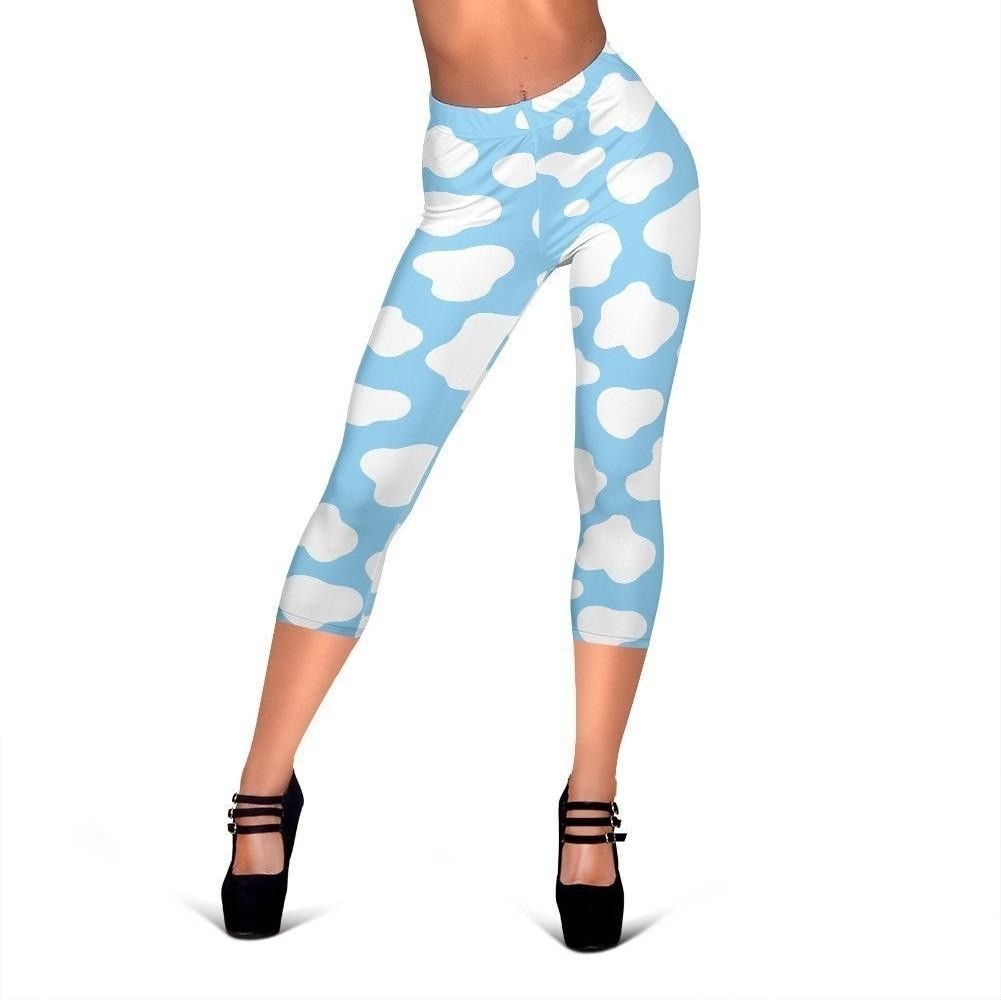 White And Blue Cow Print Women's Capri Leggings