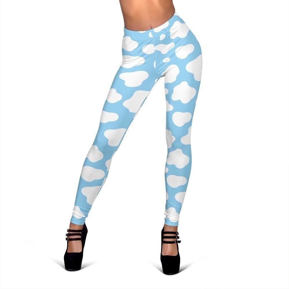 White And Blue Cow Print Women's Leggings