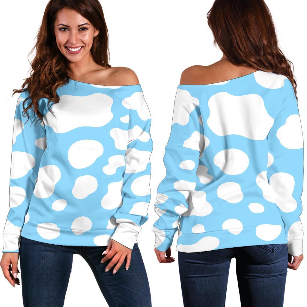 White And Blue Cow Print Women's Off-Shoulder Sweatshirt