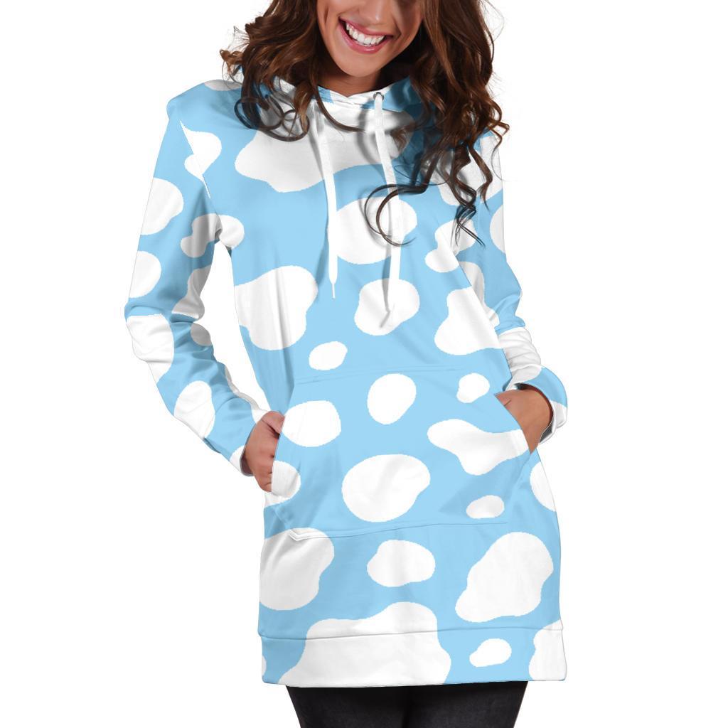 White And Blue Cow Print Women's Pullover Hoodie Dress