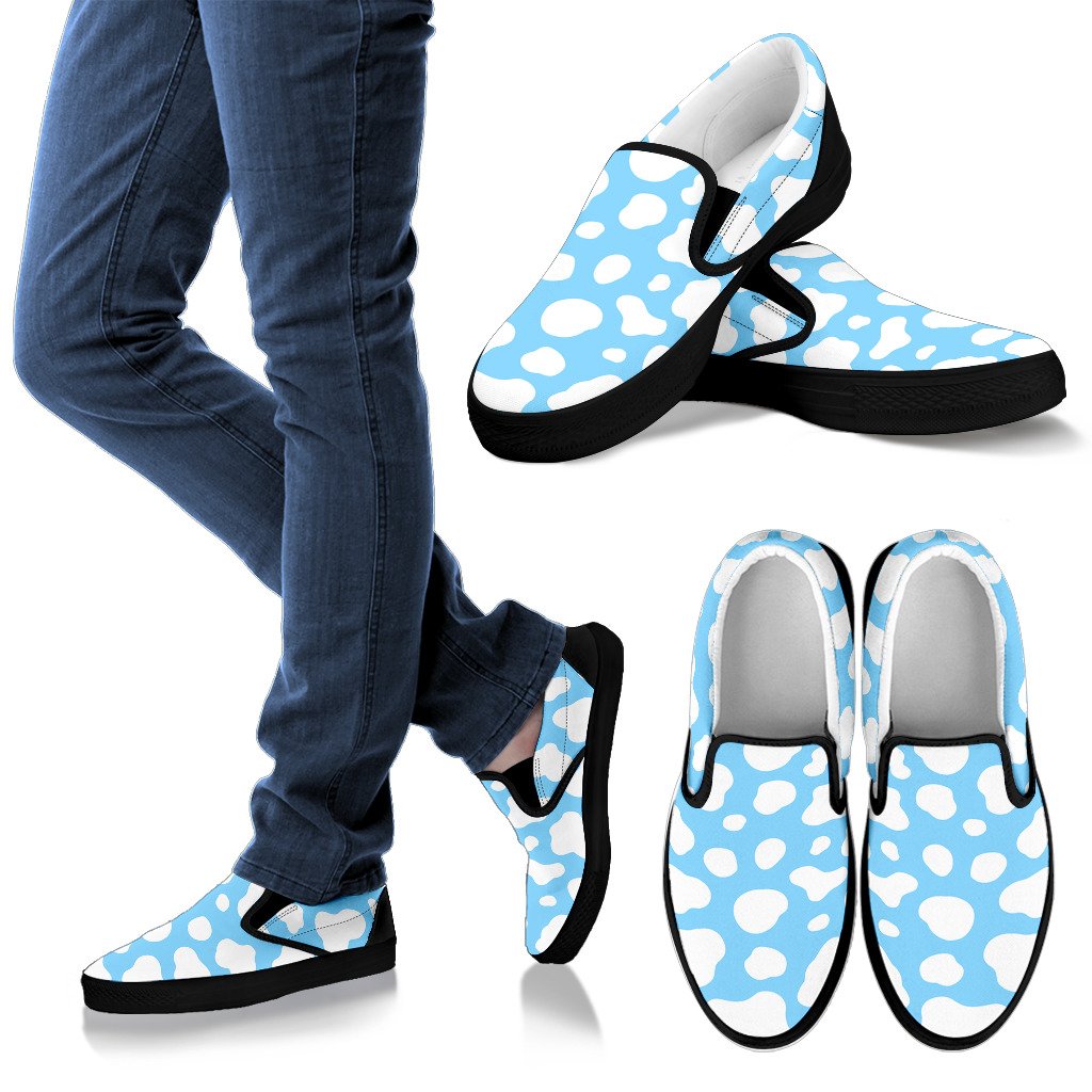 White And Blue Cow Print Women's Slip On Shoes