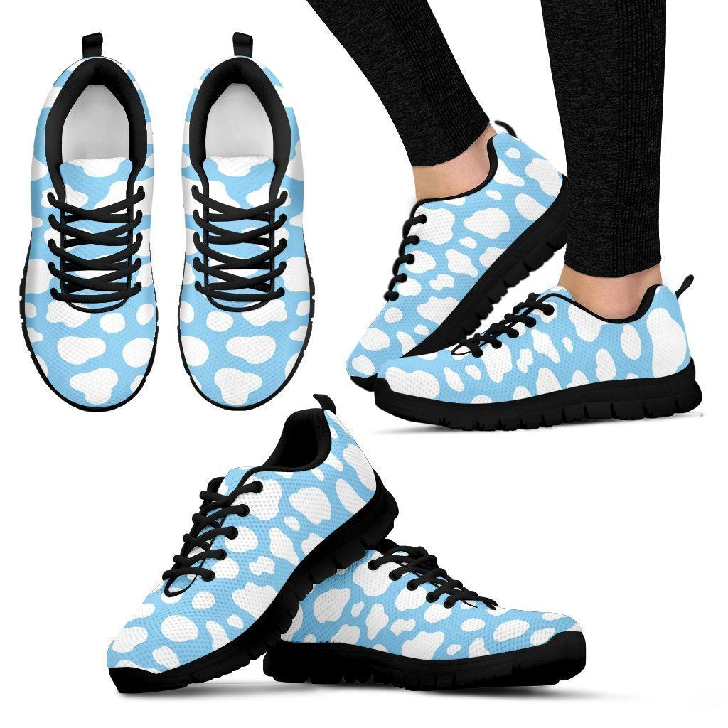 White And Blue Cow Print Women's Sneakers