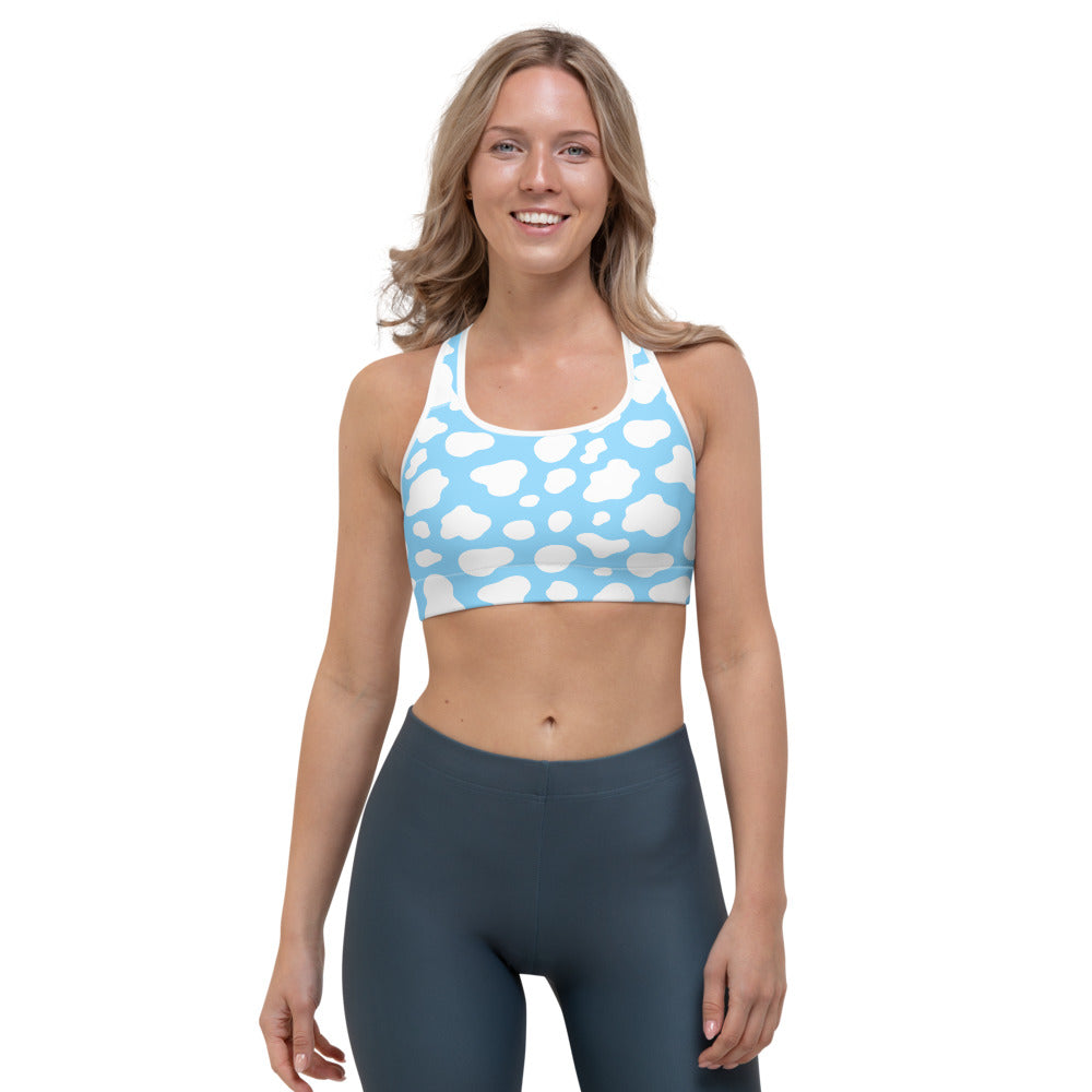 White And Blue Cow Print Women's Sports Bra