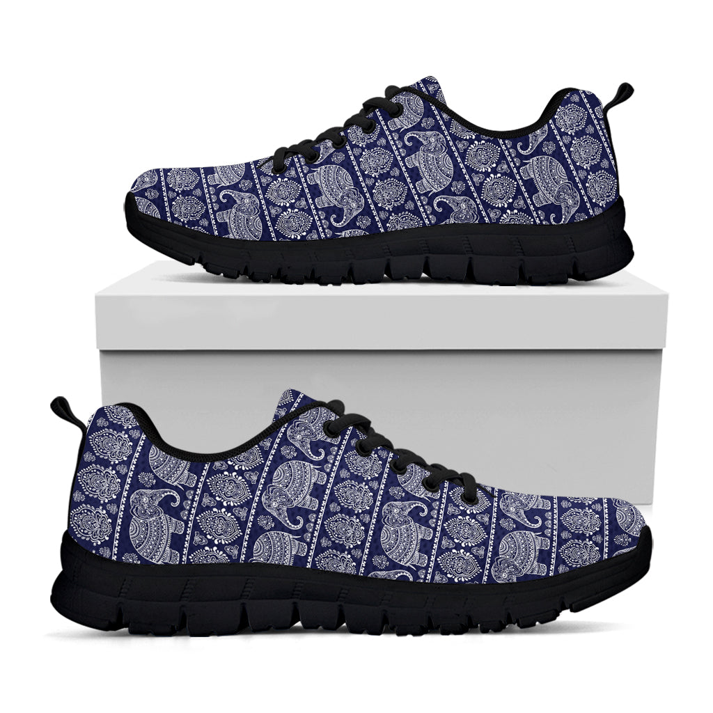 White And Blue Indian Elephant Print Black Sneakers