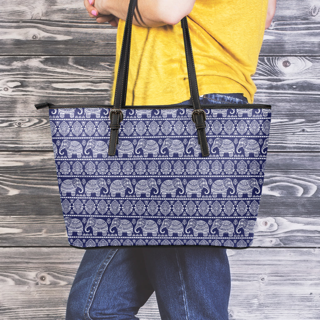 White And Blue Indian Elephant Print Leather Tote Bag