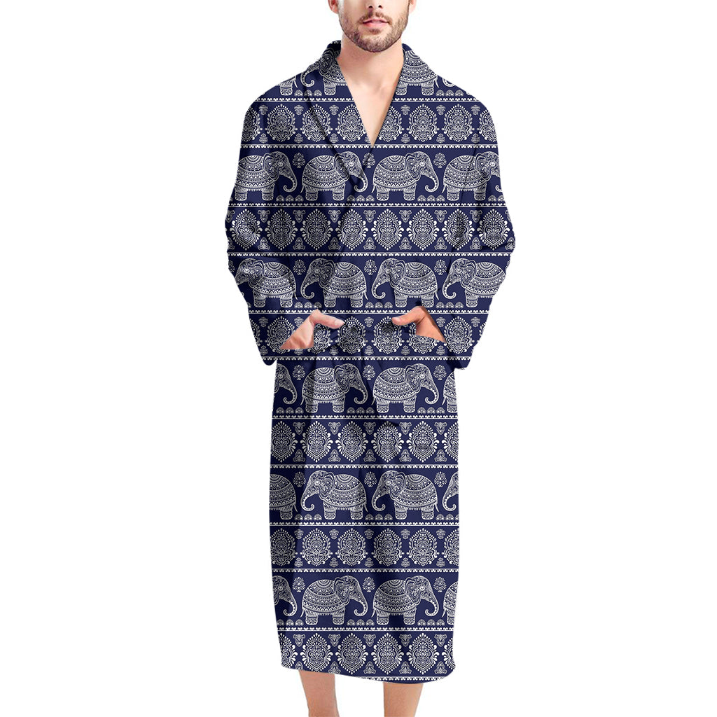 White And Blue Indian Elephant Print Men's Bathrobe