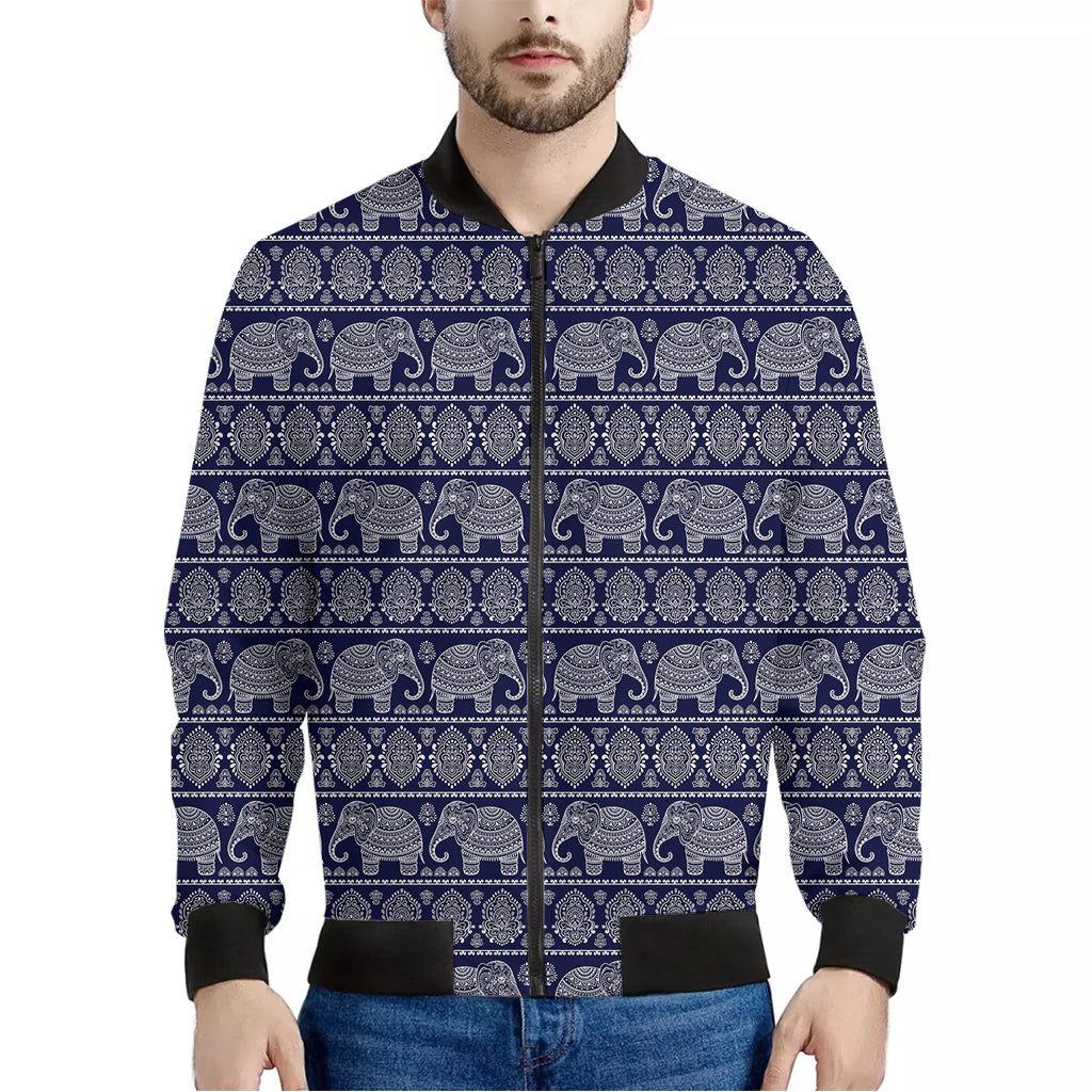 White And Blue Indian Elephant Print Men's Bomber Jacket