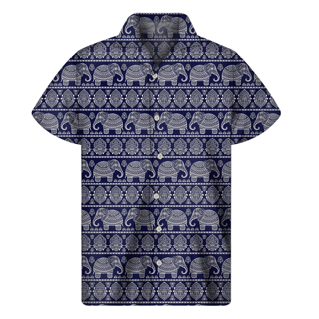 White And Blue Indian Elephant Print Men's Short Sleeve Shirt