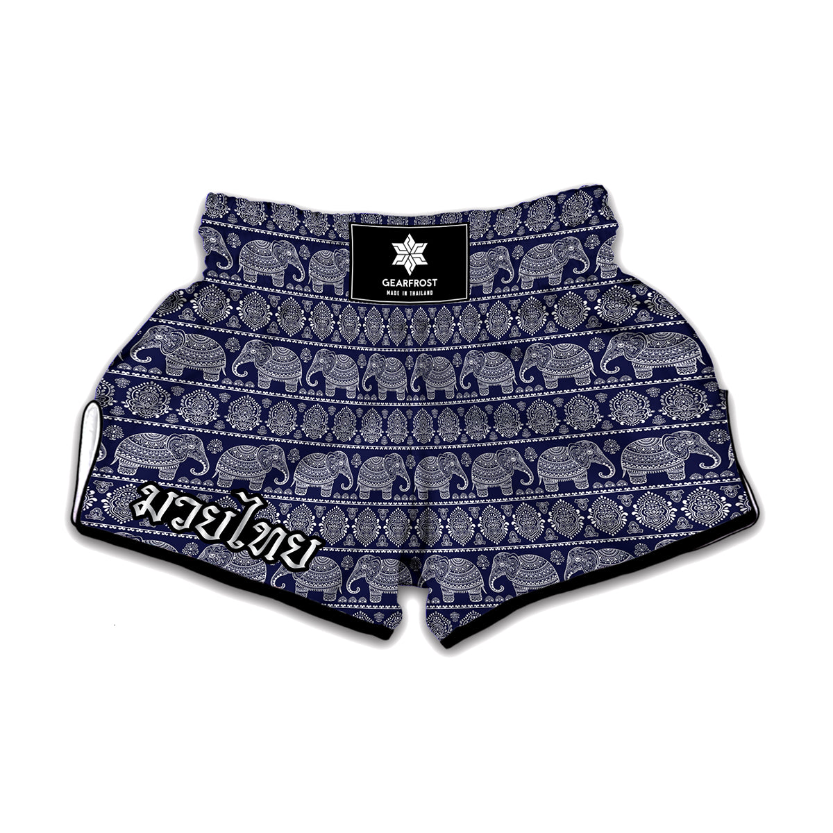 White And Blue Indian Elephant Print Muay Thai Boxing Shorts